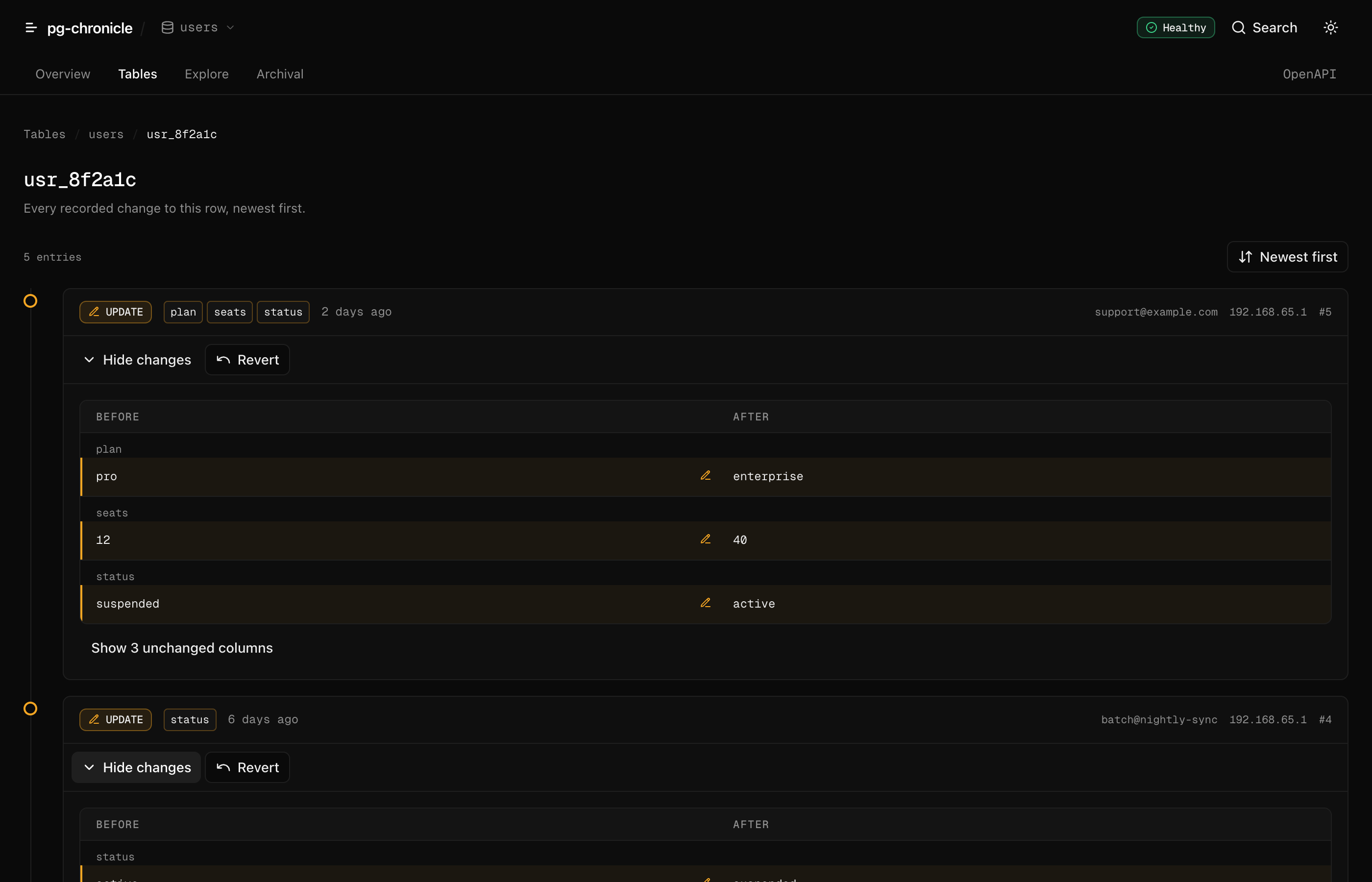 One record’s change timeline in the pg-chronicle dashboard: each entry names the columns it changed, its actor and how long ago, and expands into a before/after diff with a revert button.