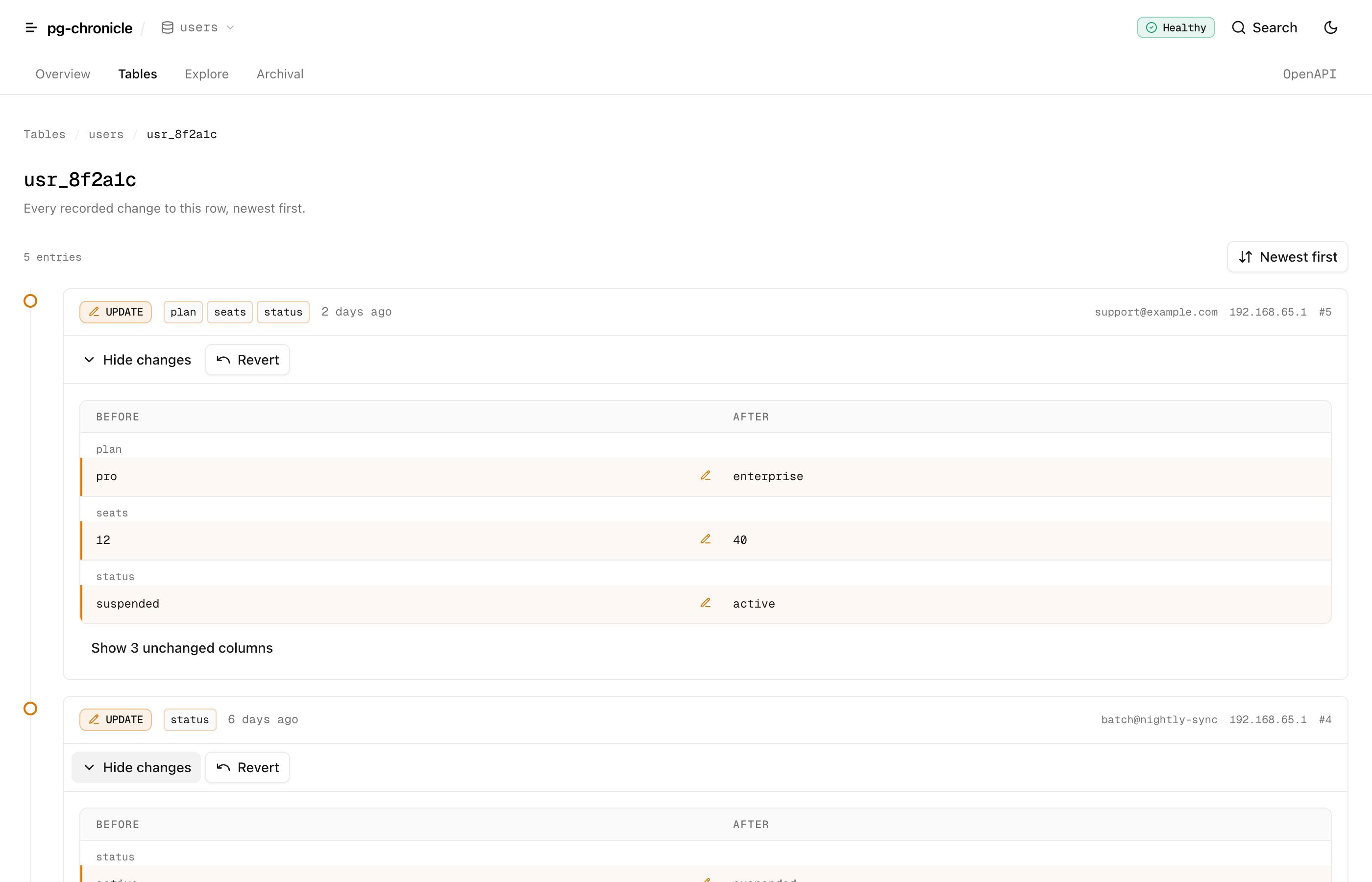 One record’s change timeline in the pg-chronicle dashboard: each entry names the columns it changed, its actor and how long ago, and expands into a before/after diff with a revert button.